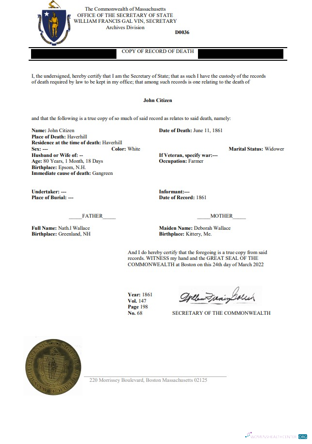 Download USA Massachussetts Death Certificate Photoshop template